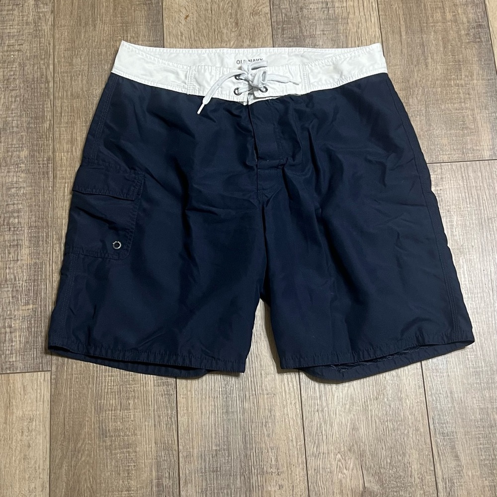 Old Navy Swim Trunks Men’s Large Blue White Solid Cargo Pockets Board Shorts